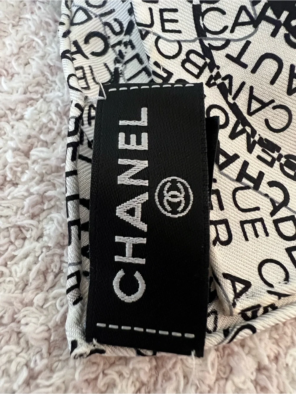 CHANEL Black and White Logo Silk Scarf